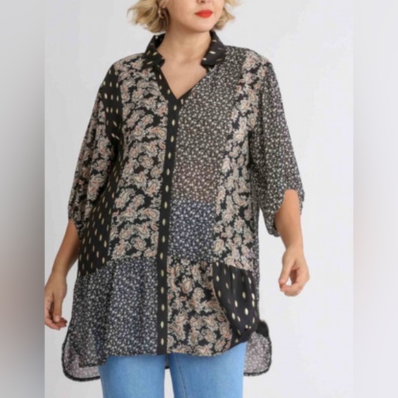 Umgee Sheer Mixed Prints Tunic Dress S - Picture 1 of 14